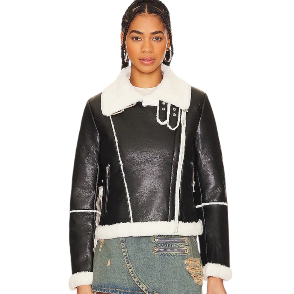 REVOLVE Genna Black Faux Leather Shearling Moto Jacket Zip-Up Sz M grunge 90s